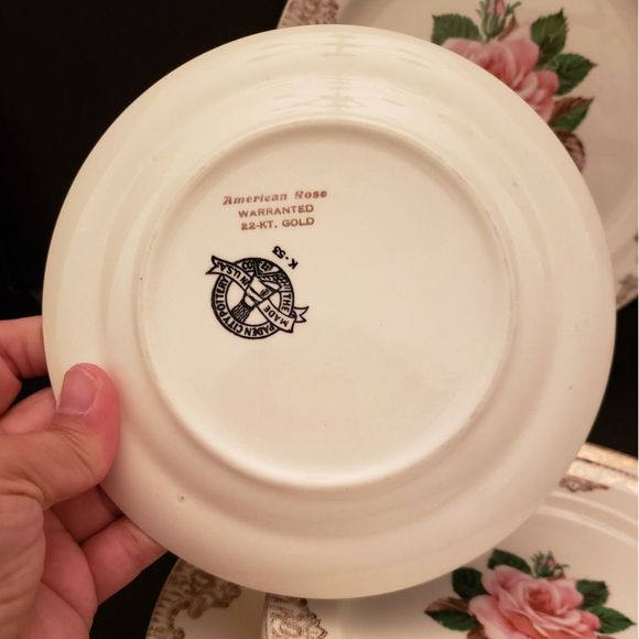 American Rose Dinner Bread Plates Paden City Pink Roses Gold Vintage 7 Piece Lot - Picture 7 of 10